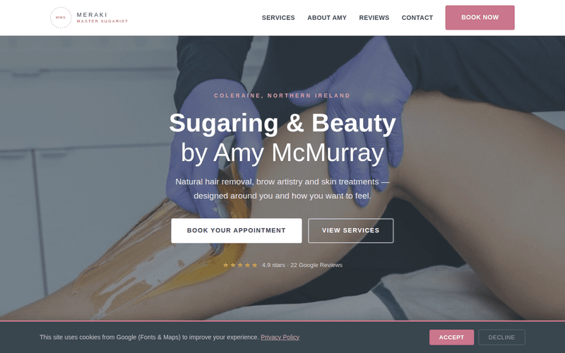 Screenshot of the Meraki Master Sugarist website
